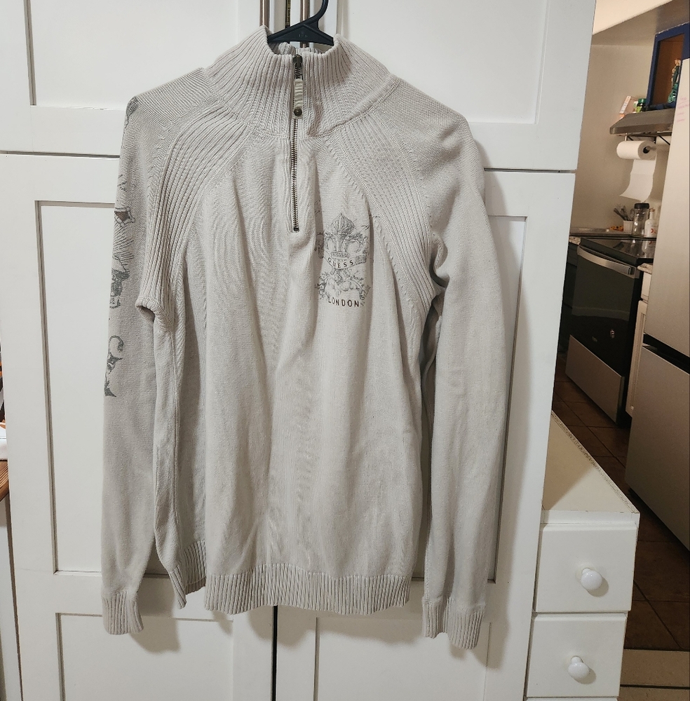Guess 3/4 Zip Pullover Sweater Ribbed Cozy Sz Large